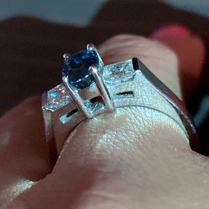 14kt Blue Sapphire And Princess Cut Diamond Ring